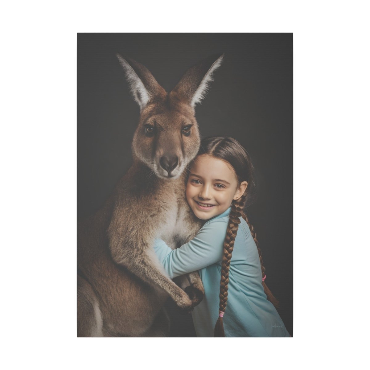 Leinwandbild Mädchen & Känguru - Hugging Little Girl Animals - Canvas bei HappyHugPixels