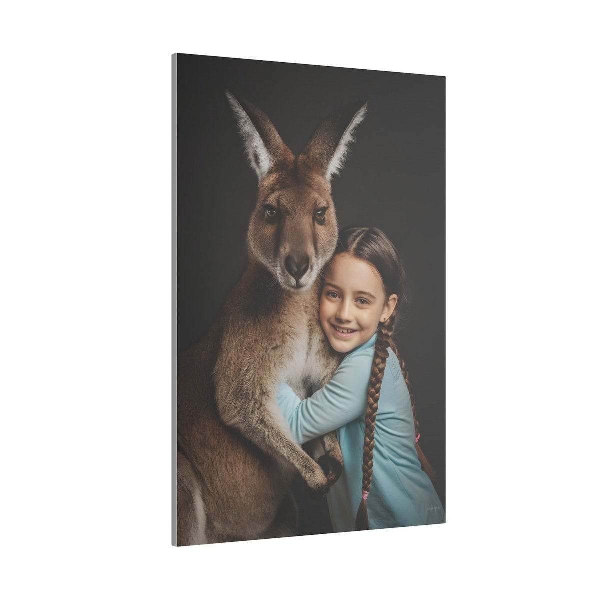 Leinwandbild Mädchen & Känguru - Hugging Little Girl Animals - Canvas bei HappyHugPixels