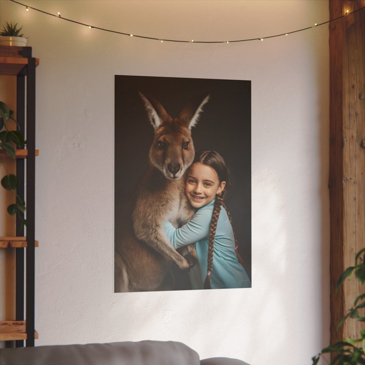 Leinwandbild Mädchen & Känguru - Hugging Little Girl Animals - Canvas bei HappyHugPixels