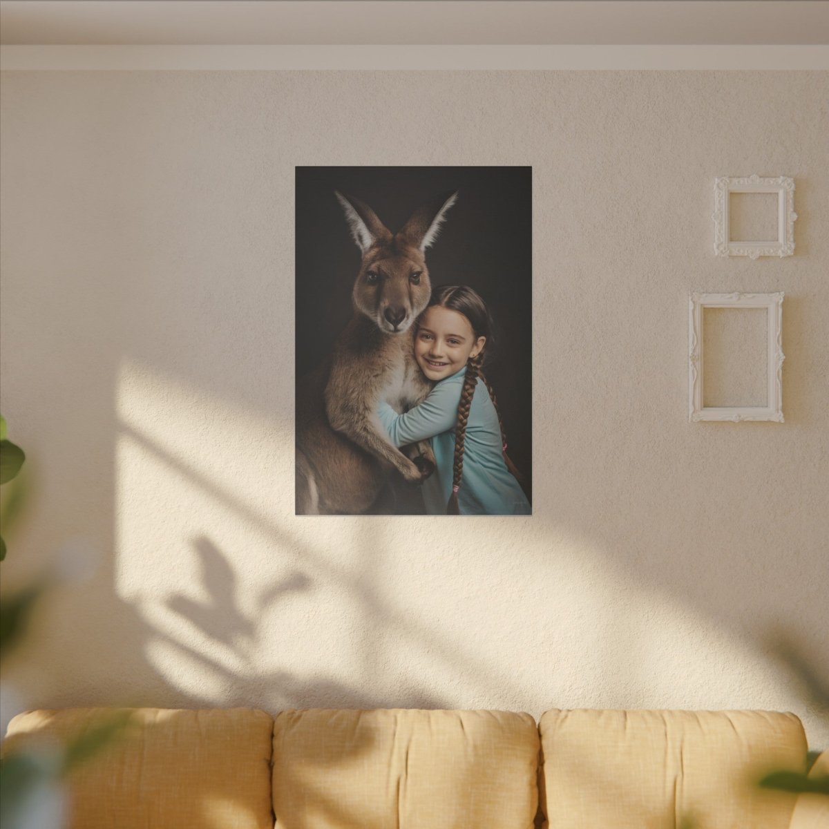 Leinwandbild Mädchen & Känguru - Hugging Little Girl Animals - Canvas bei HappyHugPixels