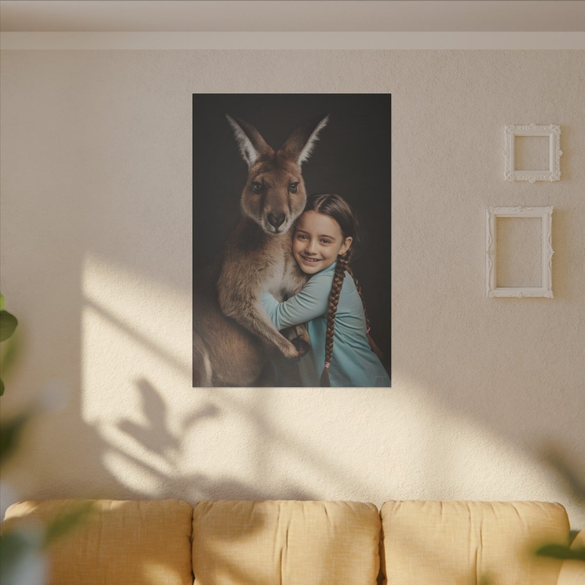 Leinwandbild Mädchen & Känguru - Hugging Little Girl Animals - Canvas bei HappyHugPixels