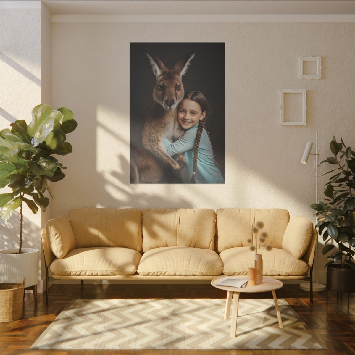 Leinwandbild Mädchen & Känguru - Hugging Little Girl Animals - Canvas bei HappyHugPixels