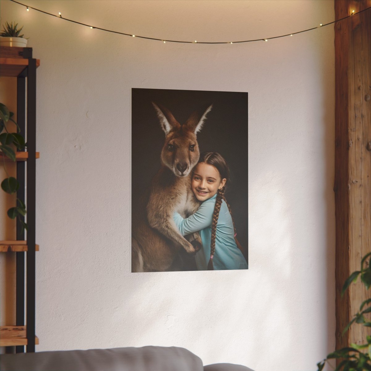 Leinwandbild Mädchen & Känguru - Hugging Little Girl Animals - Canvas bei HappyHugPixels