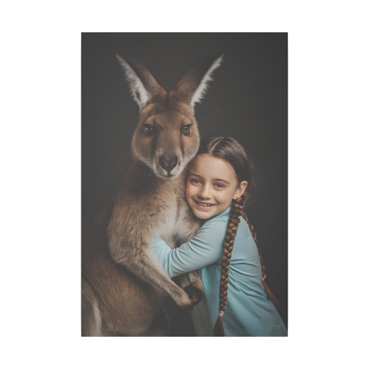 Leinwandbild Mädchen & Känguru - Hugging Little Girl Animals - Canvas bei HappyHugPixels