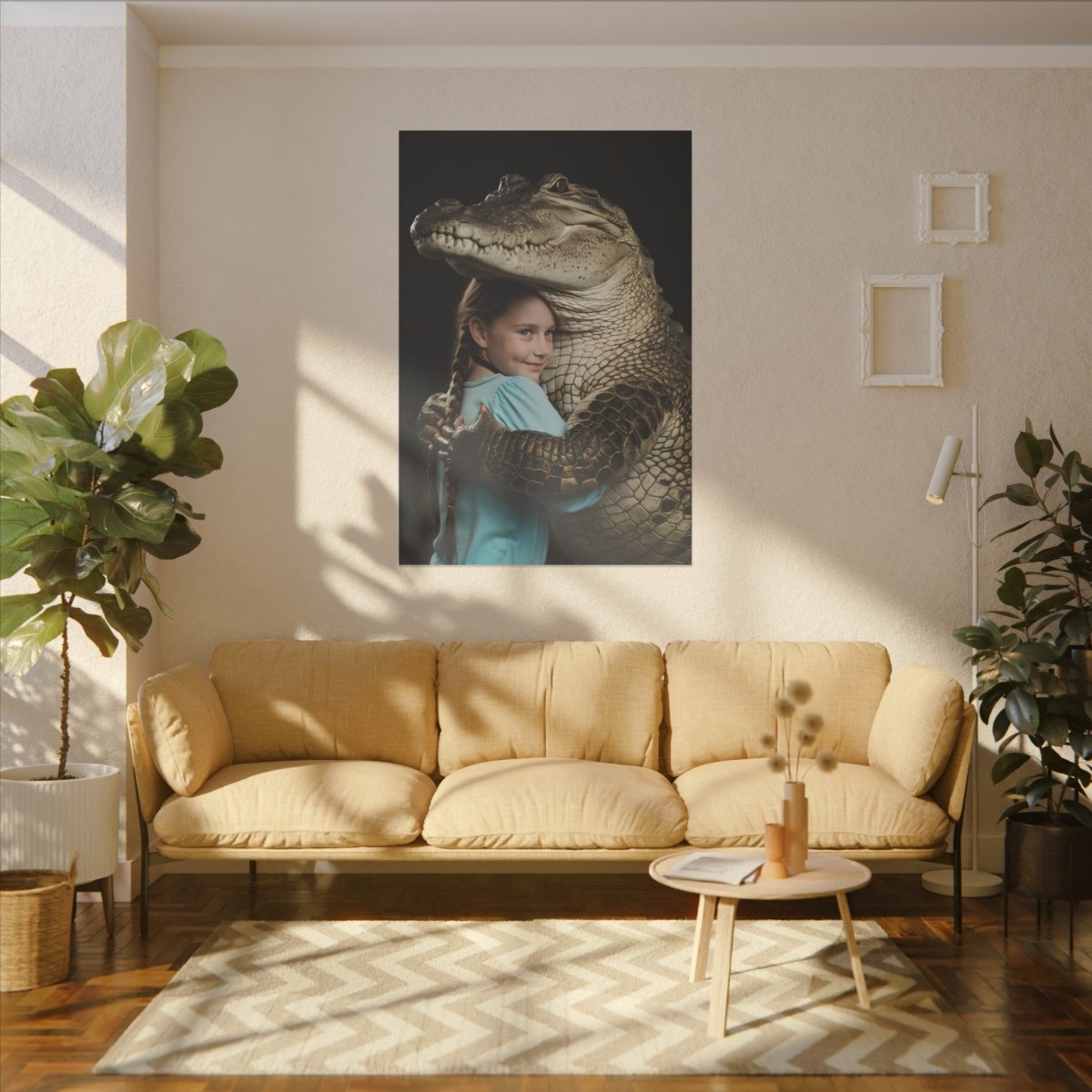 Leinwandbild Mädchen & Krokodil - Hugging Little Girl Animals - Canvas bei HappyHugPixels