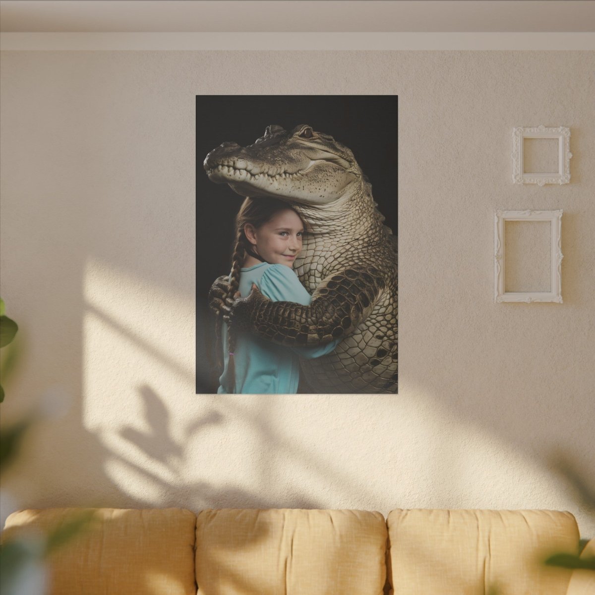 Leinwandbild Mädchen & Krokodil - Hugging Little Girl Animals - Canvas bei HappyHugPixels