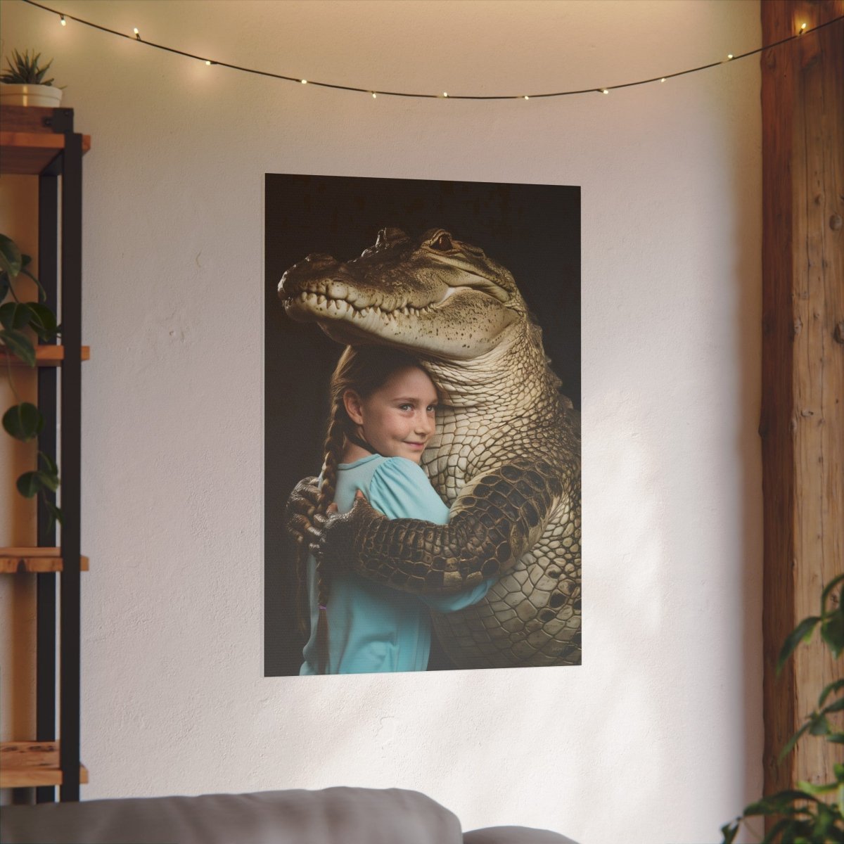 Leinwandbild Mädchen & Krokodil - Hugging Little Girl Animals - Canvas bei HappyHugPixels