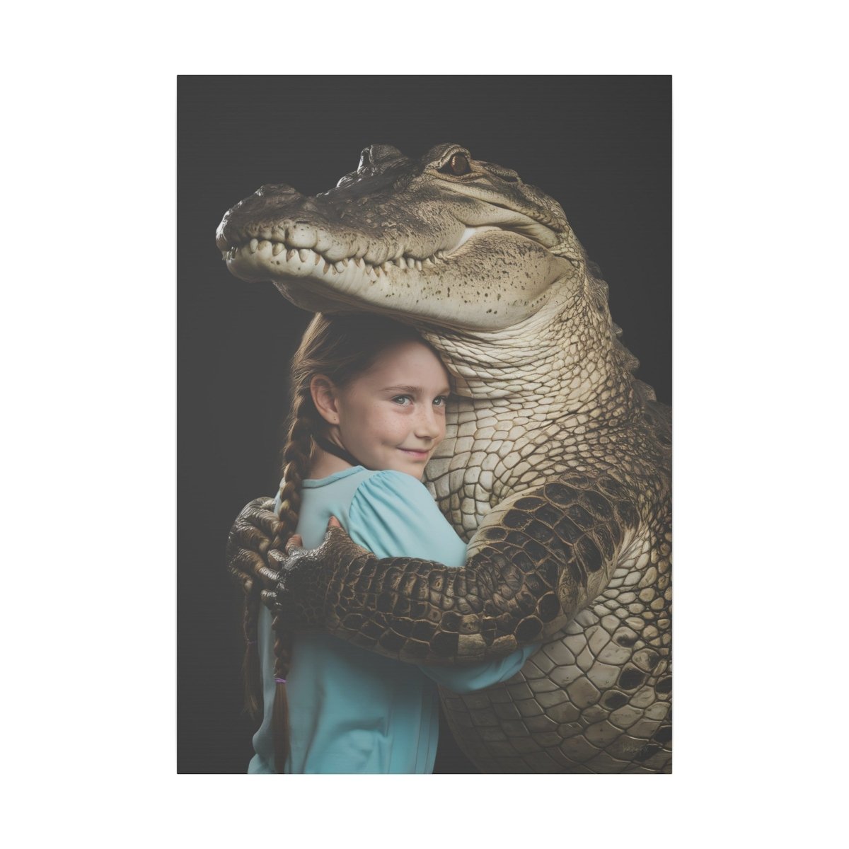 Leinwandbild Mädchen & Krokodil - Hugging Little Girl Animals - Canvas bei HappyHugPixels