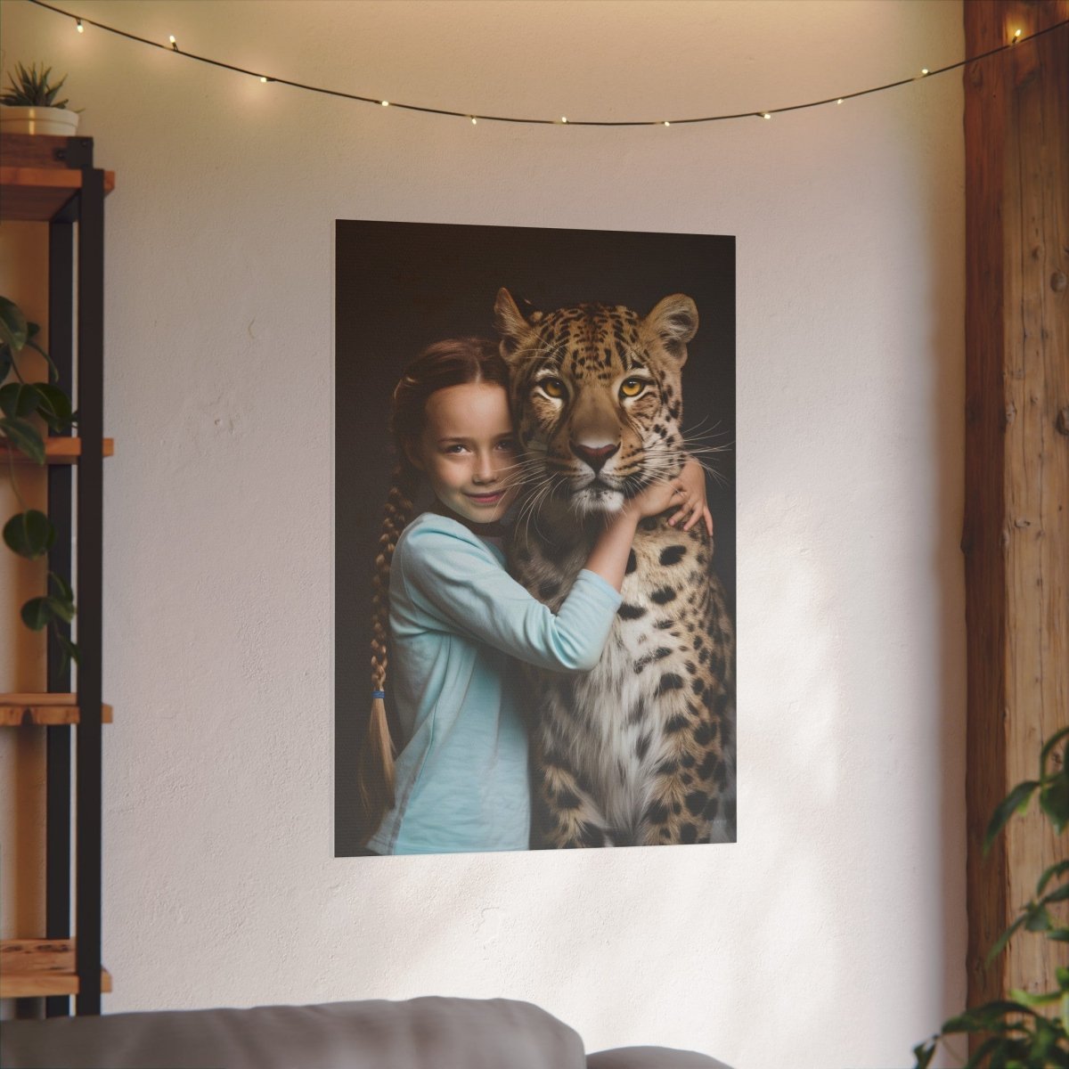 Leinwandbild Mädchen & Leopard - Hugging Little Girl Animals - Canvas bei HappyHugPixels