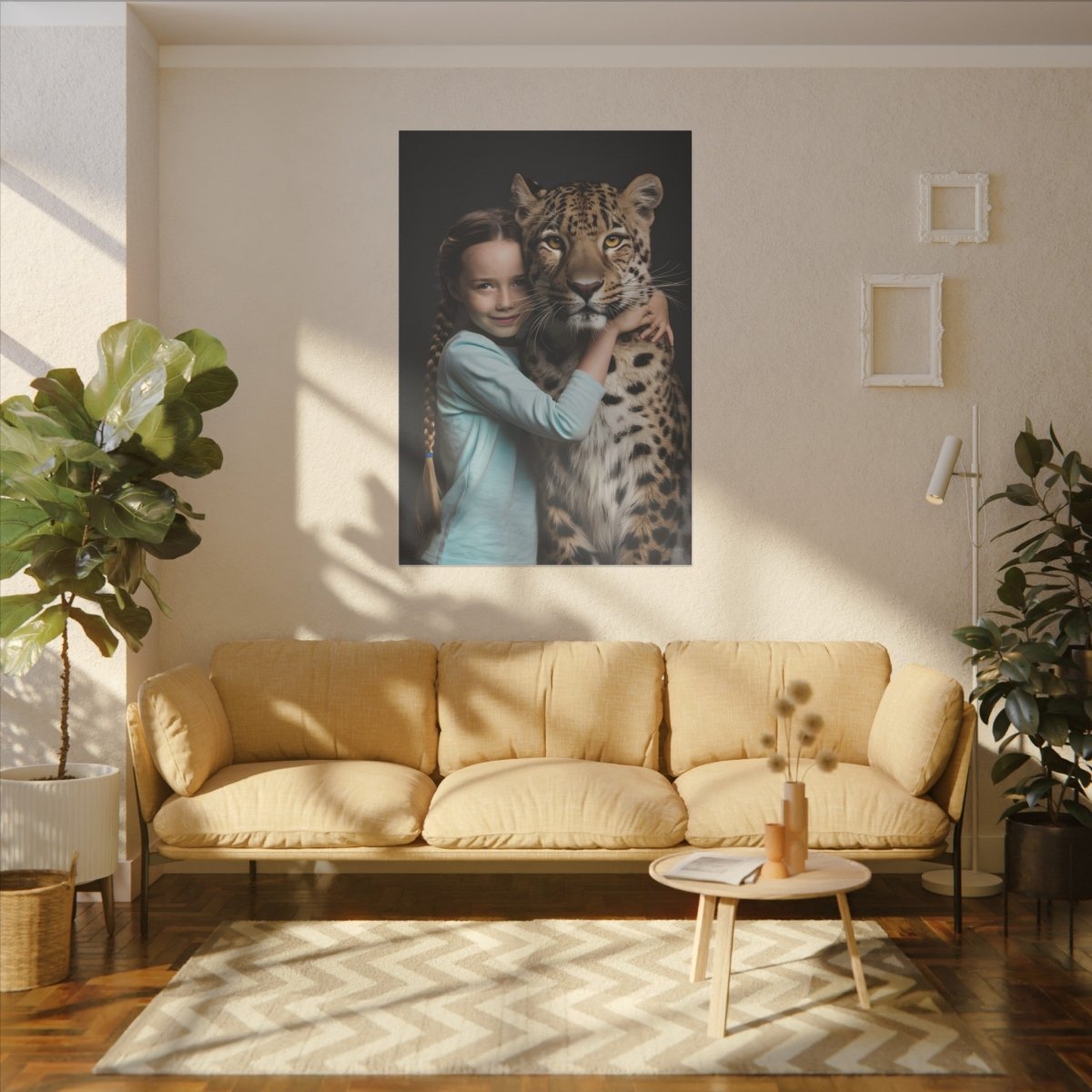 Leinwandbild Mädchen & Leopard - Hugging Little Girl Animals - Canvas bei HappyHugPixels