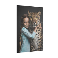 Leinwandbild Mädchen & Leopard - Hugging Little Girl Animals - Canvas bei HappyHugPixels