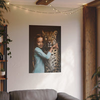 Leinwandbild Mädchen & Leopard - Hugging Little Girl Animals - Canvas bei HappyHugPixels