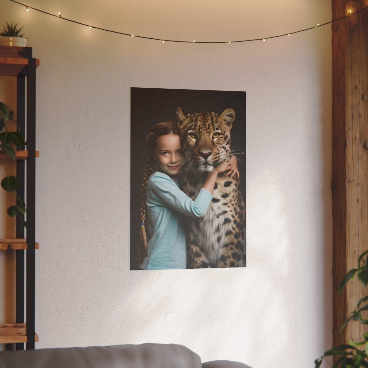 Leinwandbild Mädchen & Leopard - Hugging Little Girl Animals - Canvas bei HappyHugPixels