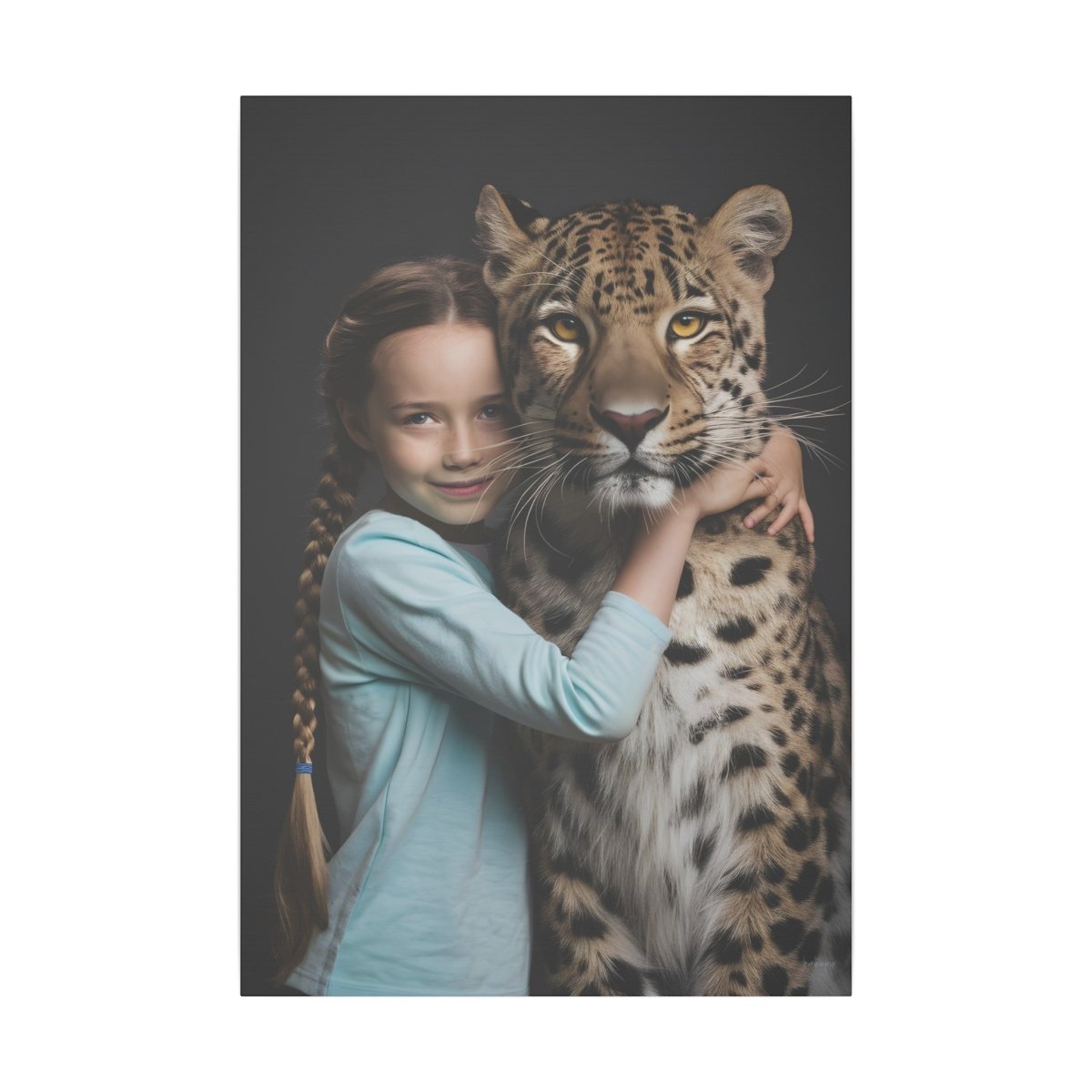 Leinwandbild Mädchen & Leopard - Hugging Little Girl Animals - Canvas bei HappyHugPixels