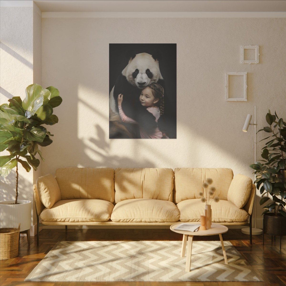 Leinwandbild Mädchen & Panda - Hugging Little Girl Animals - Canvas bei HappyHugPixels