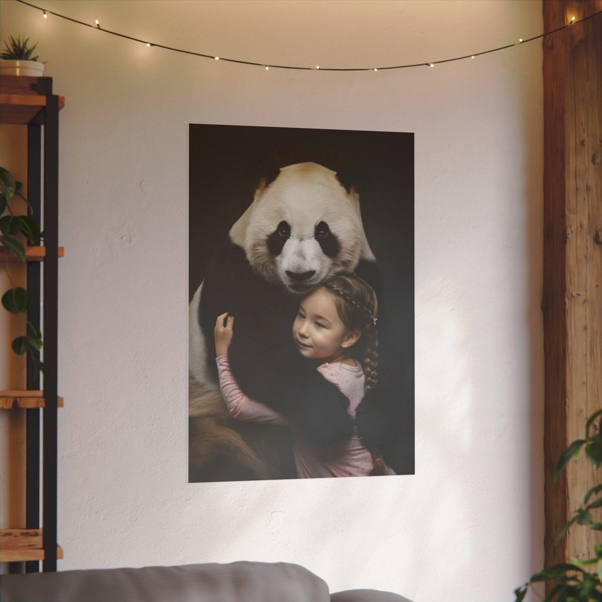 Leinwandbild Mädchen & Panda - Hugging Little Girl Animals - Canvas bei HappyHugPixels