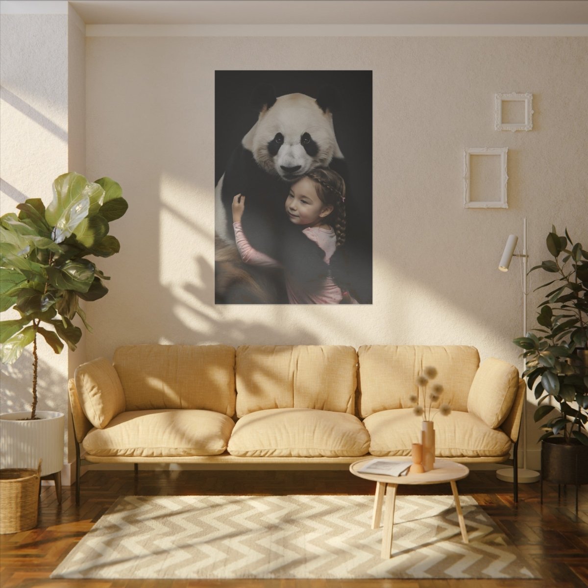 Leinwandbild Mädchen & Panda - Hugging Little Girl Animals - Canvas bei HappyHugPixels