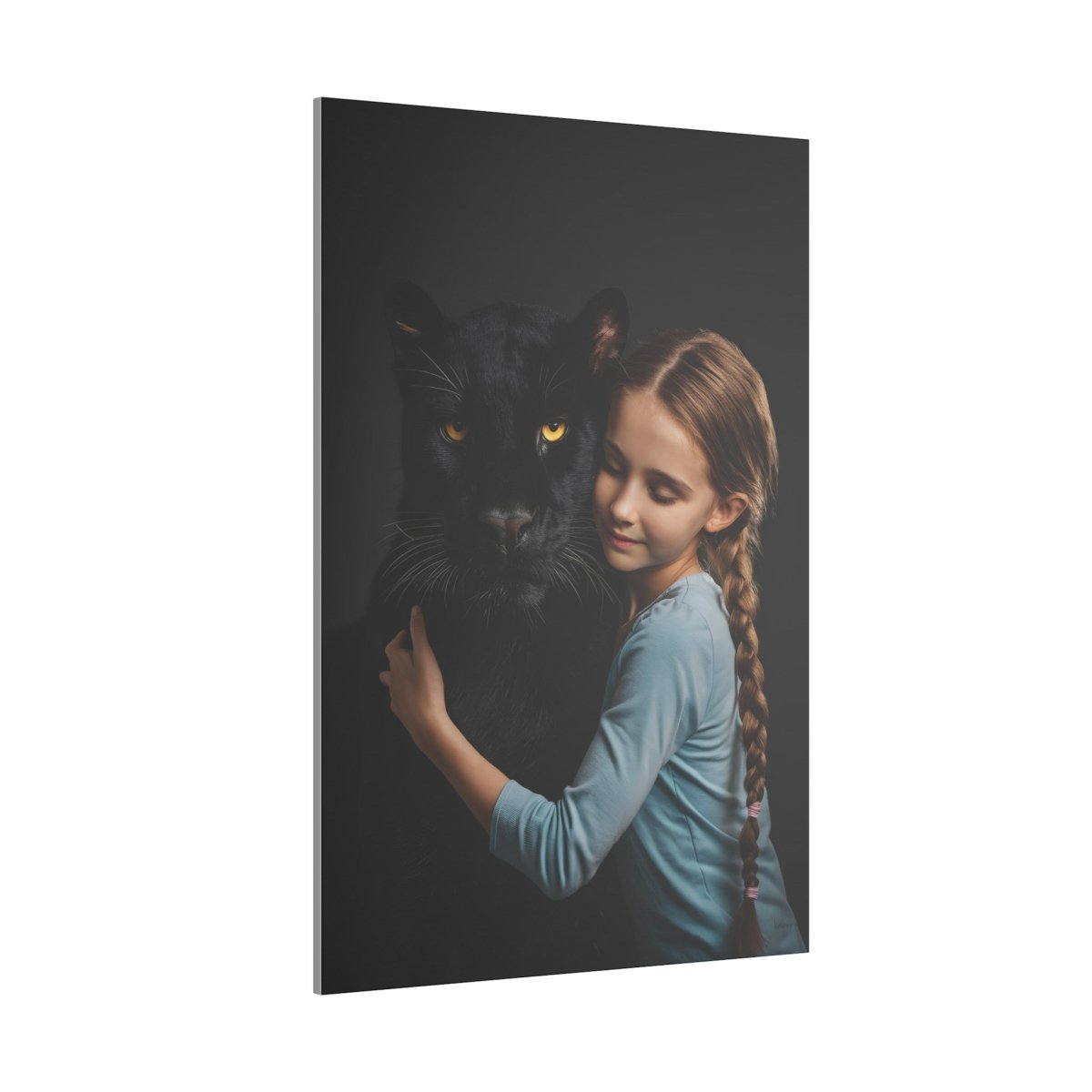 Leinwandbild Mädchen & Puma - Hugging Little Girl Animals - Canvas bei HappyHugPixels