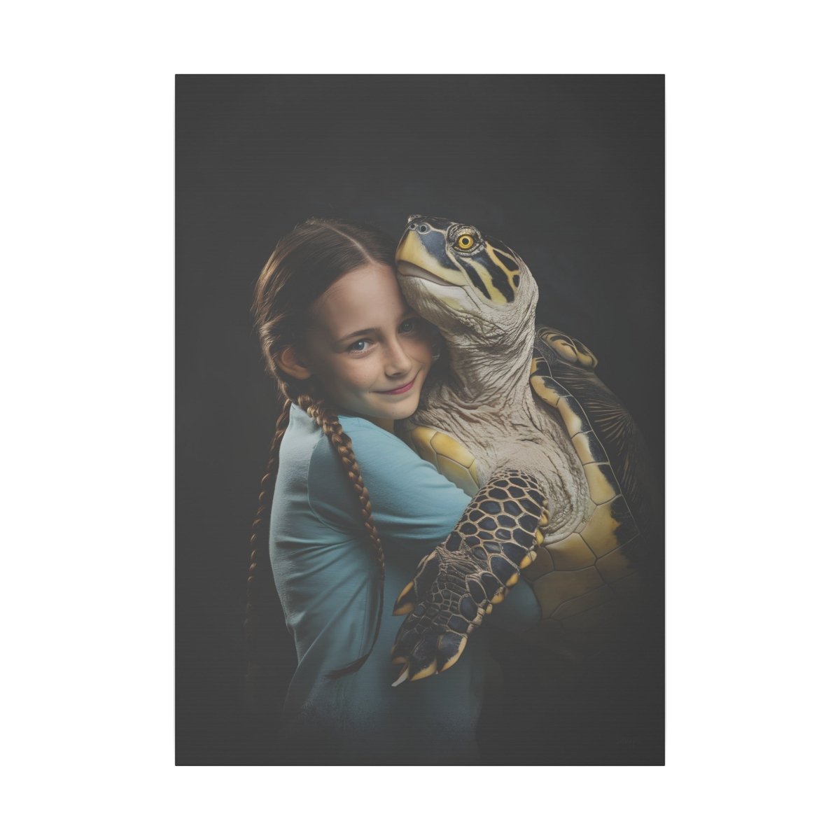 Leinwandbild Mädchen & Schildkröte - Hugging Little Girl Animals - Canvas bei HappyHugPixels