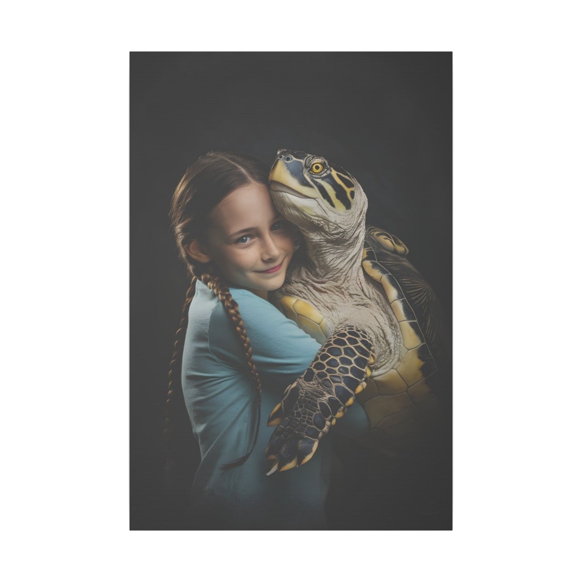 Leinwandbild Mädchen & Schildkröte - Hugging Little Girl Animals - Canvas bei HappyHugPixels