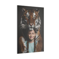 Leinwandbild Mädchen & Tiger - Hugging Little Girl Animals - Canvas bei HappyHugPixels