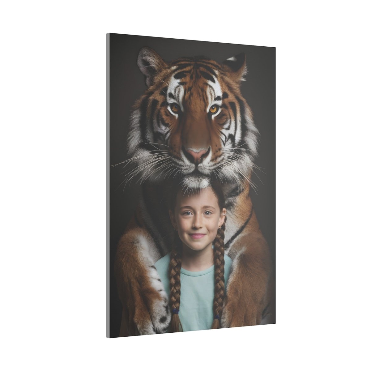 Leinwandbild Mädchen & Tiger - Hugging Little Girl Animals - Canvas bei HappyHugPixels