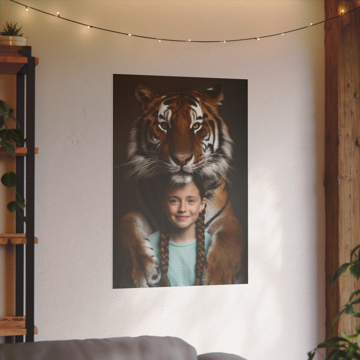 Leinwandbild Mädchen & Tiger - Hugging Little Girl Animals - Canvas bei HappyHugPixels