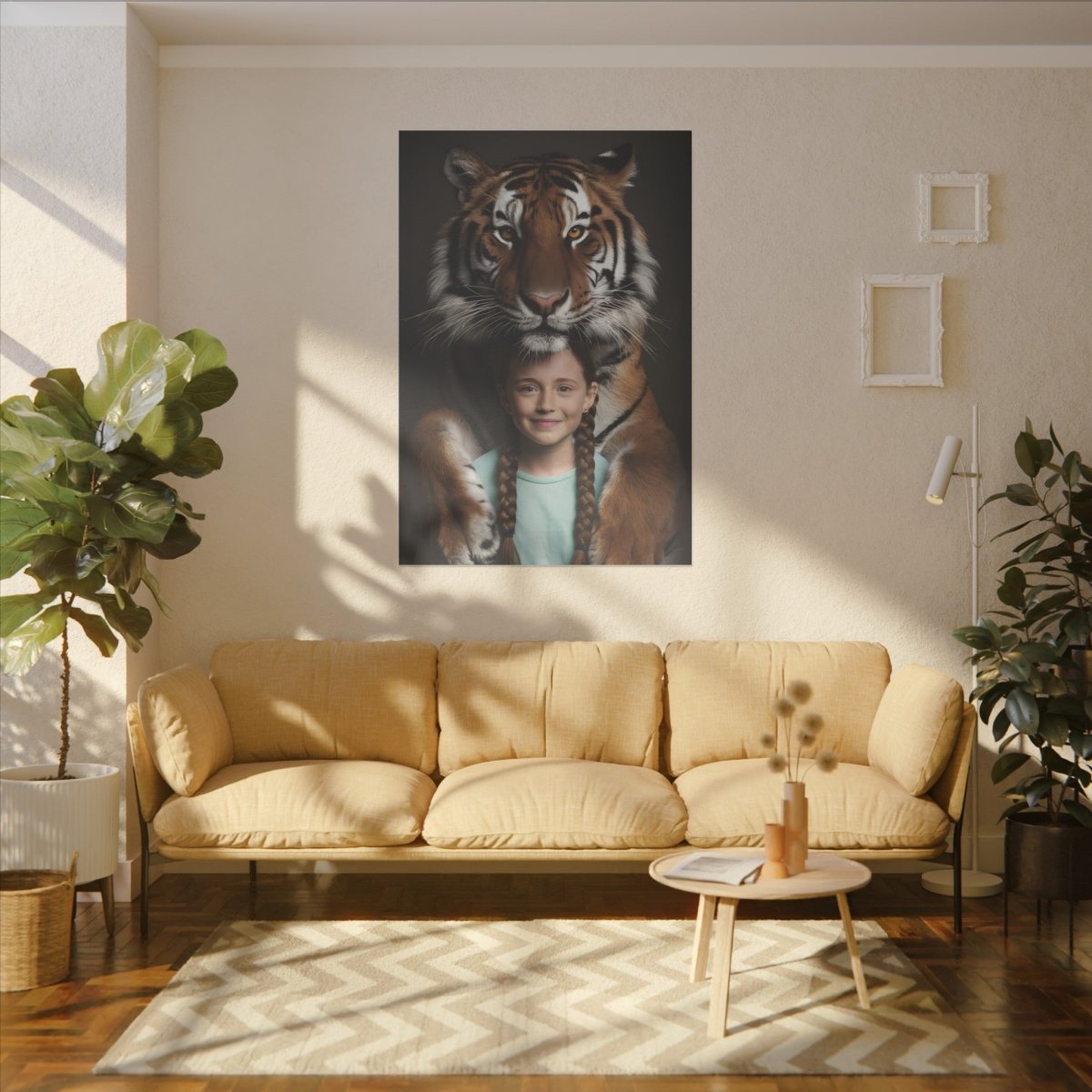 Leinwandbild Mädchen & Tiger - Hugging Little Girl Animals - Canvas bei HappyHugPixels