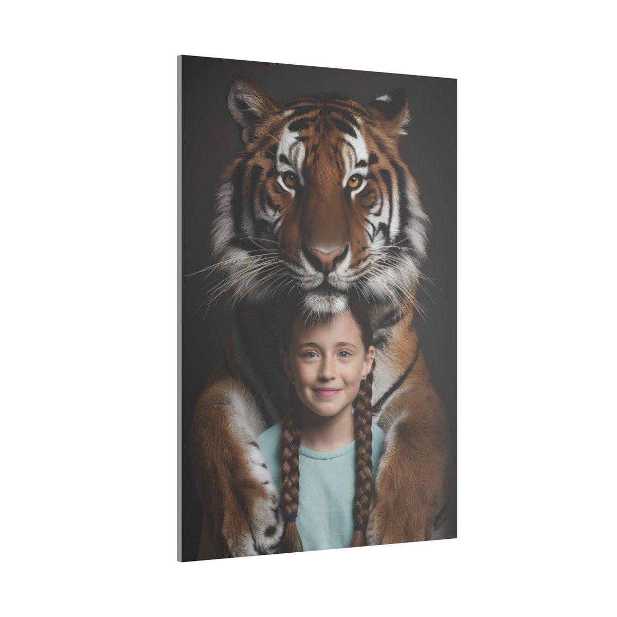 Leinwandbild Mädchen & Tiger - Hugging Little Girl Animals - Canvas bei HappyHugPixels