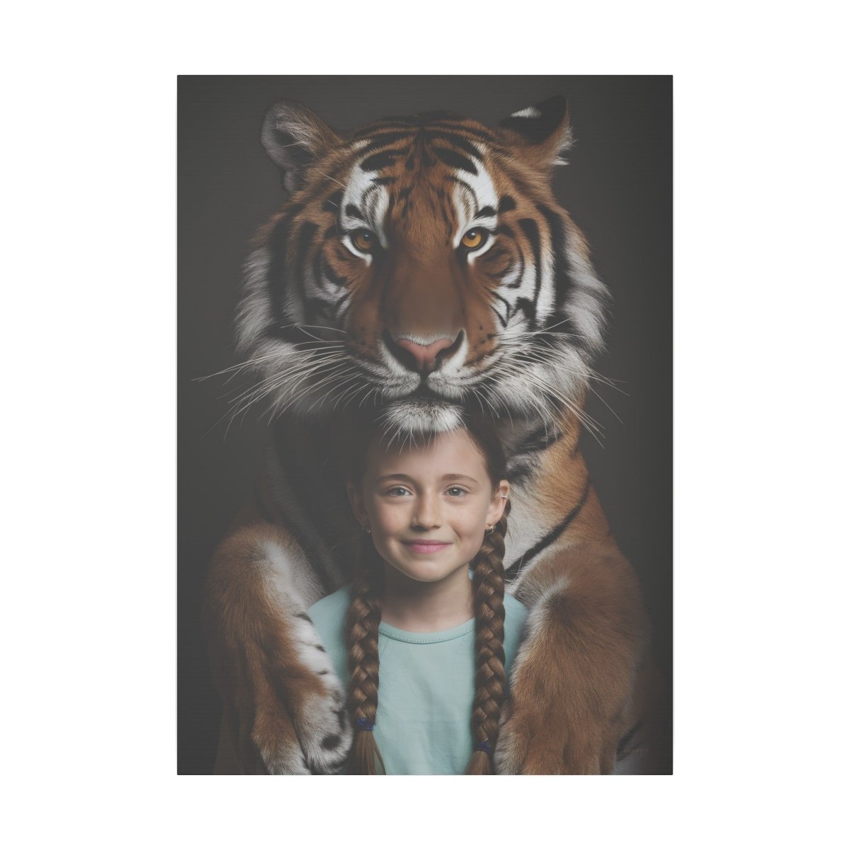 Leinwandbild Mädchen & Tiger - Hugging Little Girl Animals - Canvas bei HappyHugPixels