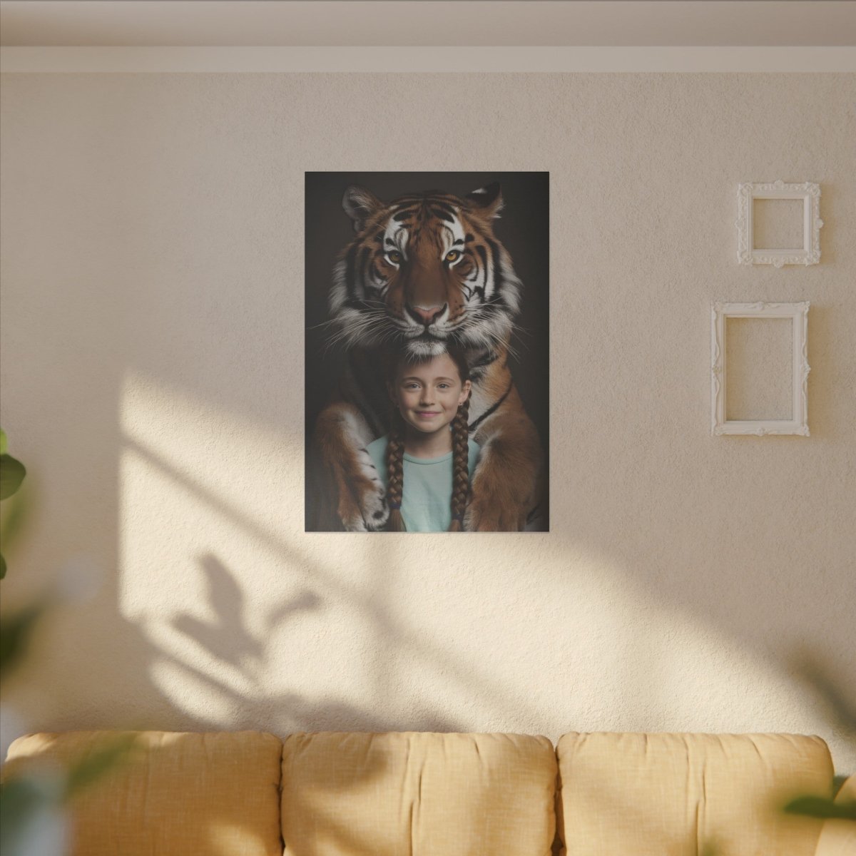 Leinwandbild Mädchen & Tiger - Hugging Little Girl Animals - Canvas bei HappyHugPixels