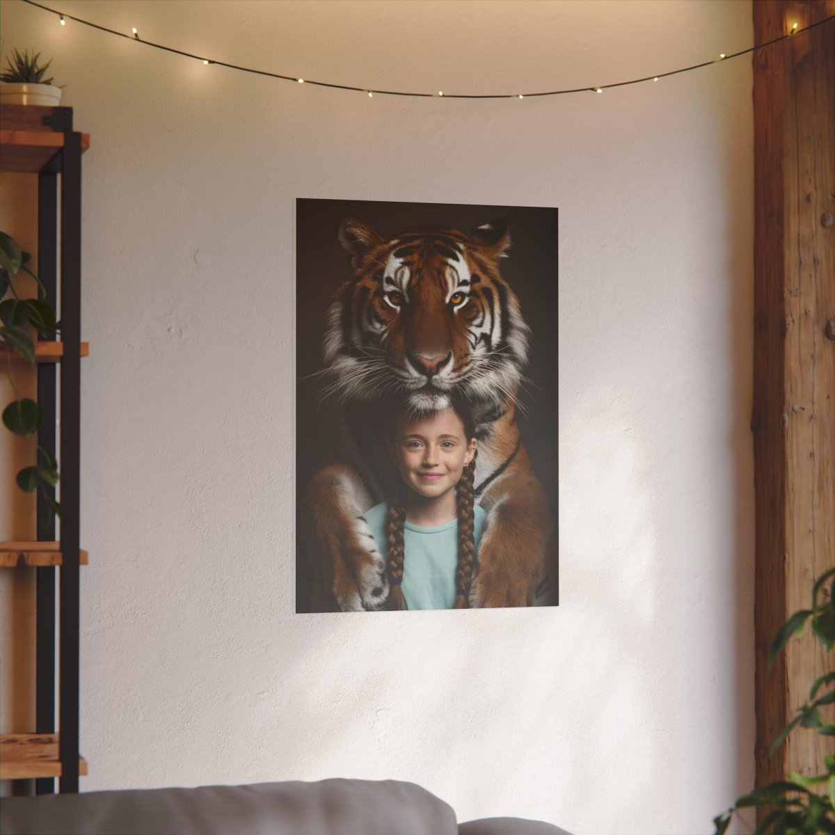 Leinwandbild Mädchen & Tiger - Hugging Little Girl Animals - Canvas bei HappyHugPixels