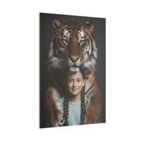 Leinwandbild Mädchen & Tiger - Hugging Little Girl Animals - Canvas bei HappyHugPixels