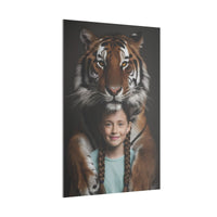 Leinwandbild Mädchen & Tiger - Hugging Little Girl Animals - Canvas bei HappyHugPixels