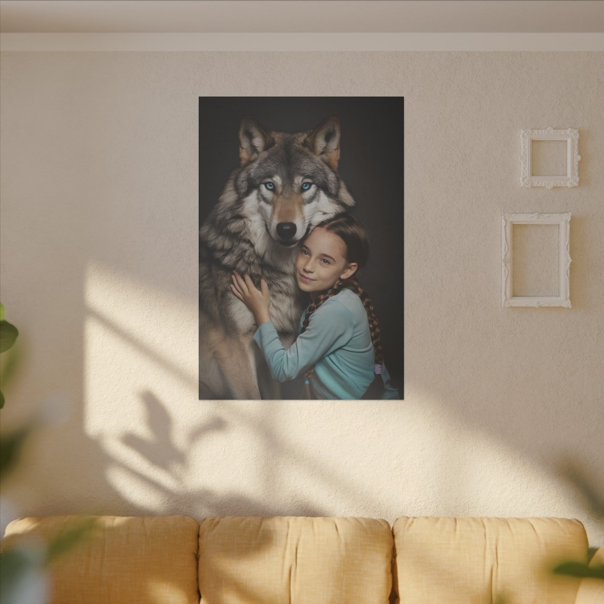 Leinwandbild Mädchen & Wolf - Hugging Little Girl Animals - Canvas bei HappyHugPixels