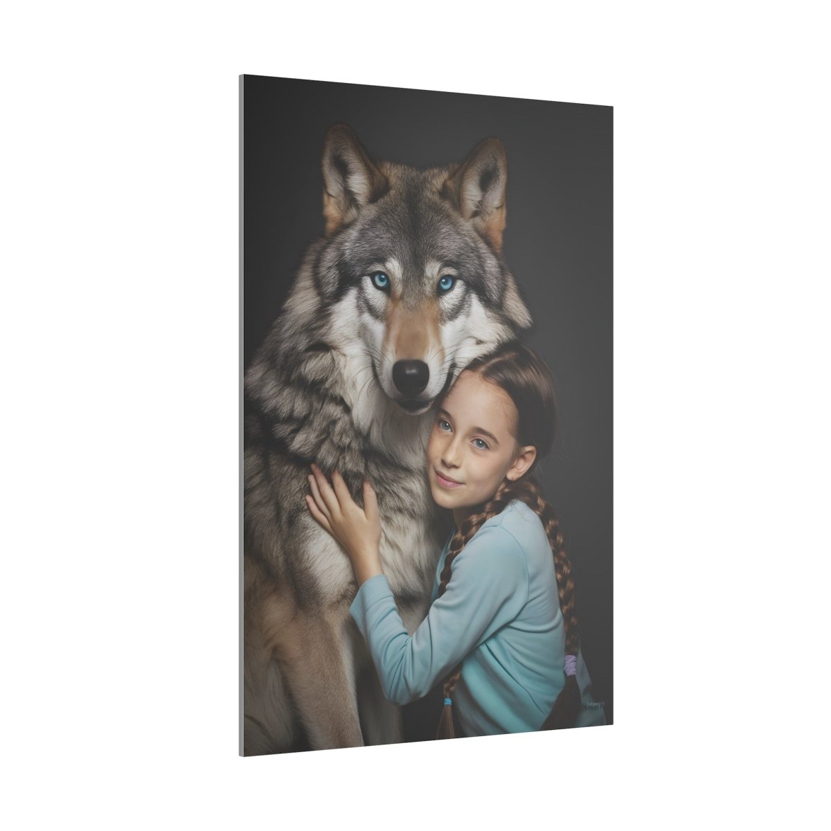 Leinwandbild Mädchen & Wolf - Hugging Little Girl Animals - Canvas bei HappyHugPixels