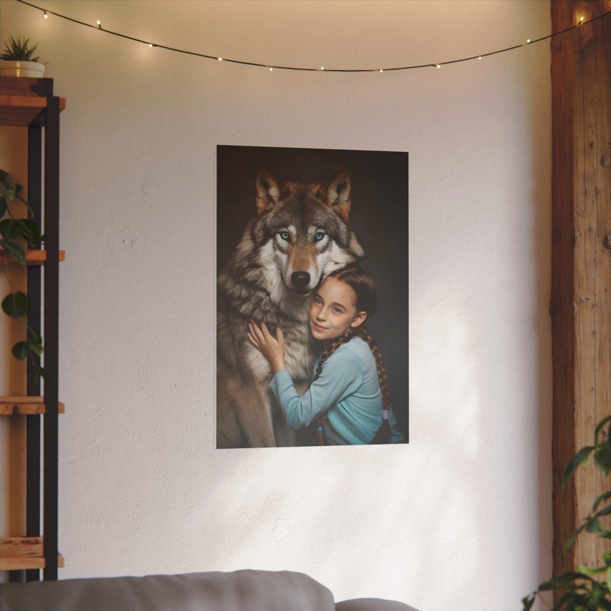 Leinwandbild Mädchen & Wolf - Hugging Little Girl Animals - Canvas bei HappyHugPixels