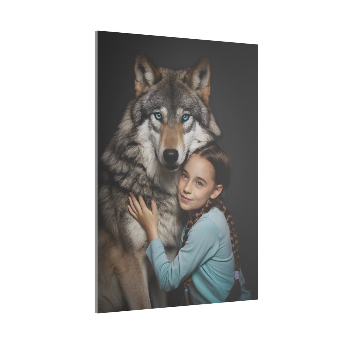 Leinwandbild Mädchen & Wolf - Hugging Little Girl Animals - Canvas bei HappyHugPixels