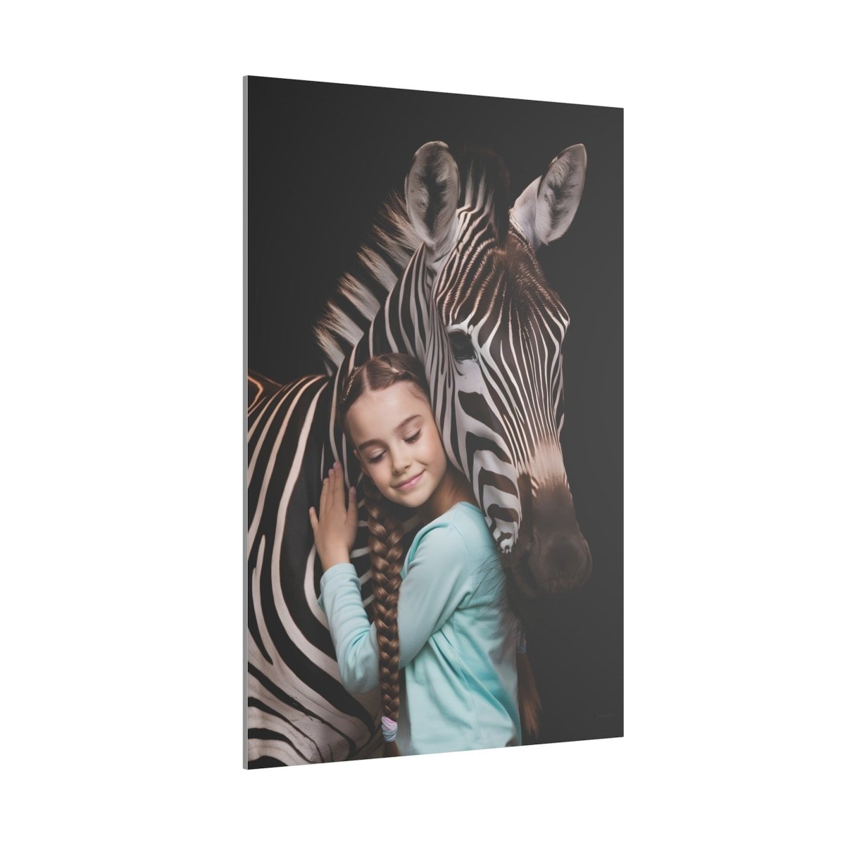 Leinwandbild Mädchen & Zebra - Hugging Little Girl Animals - Canvas bei HappyHugPixels