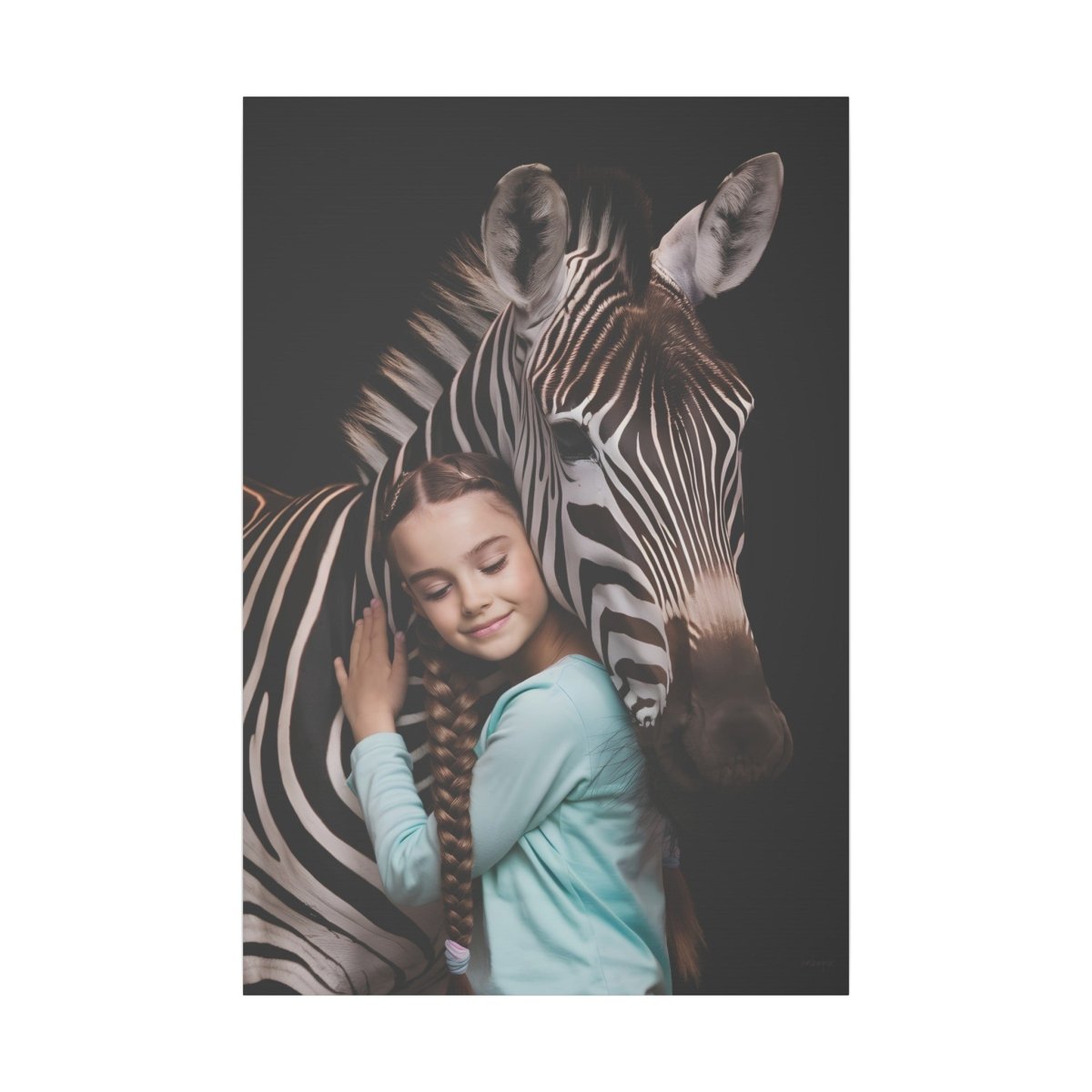 Leinwandbild Mädchen & Zebra - Hugging Little Girl Animals - Canvas bei HappyHugPixels