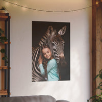 Leinwandbild Mädchen & Zebra - Hugging Little Girl Animals - Canvas bei HappyHugPixels