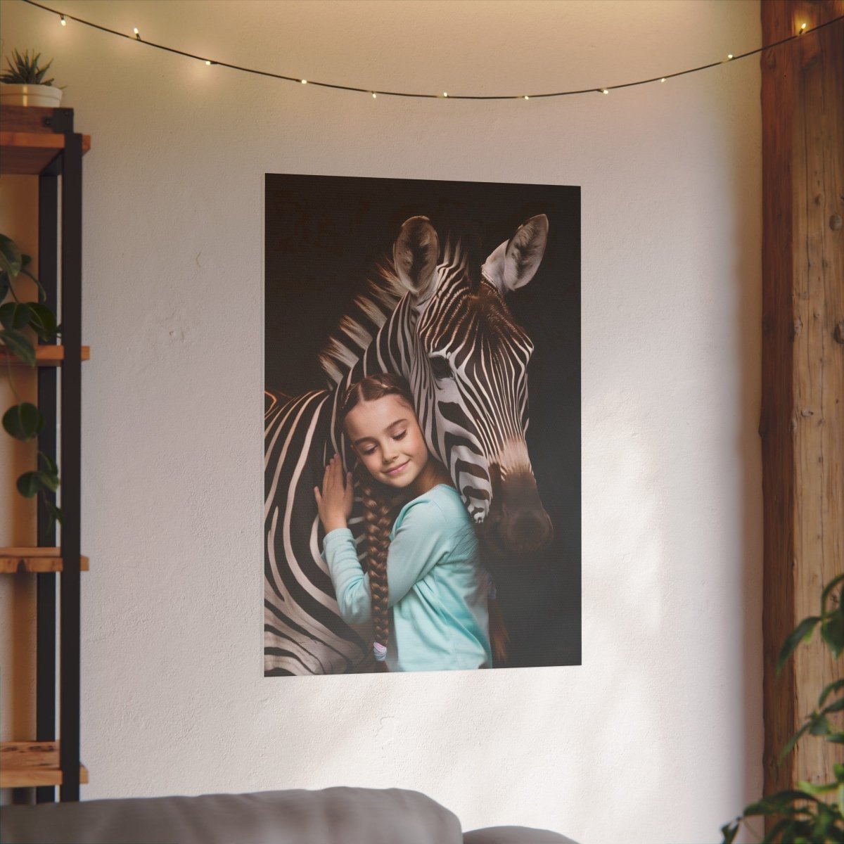 Leinwandbild Mädchen & Zebra - Hugging Little Girl Animals - Canvas bei HappyHugPixels