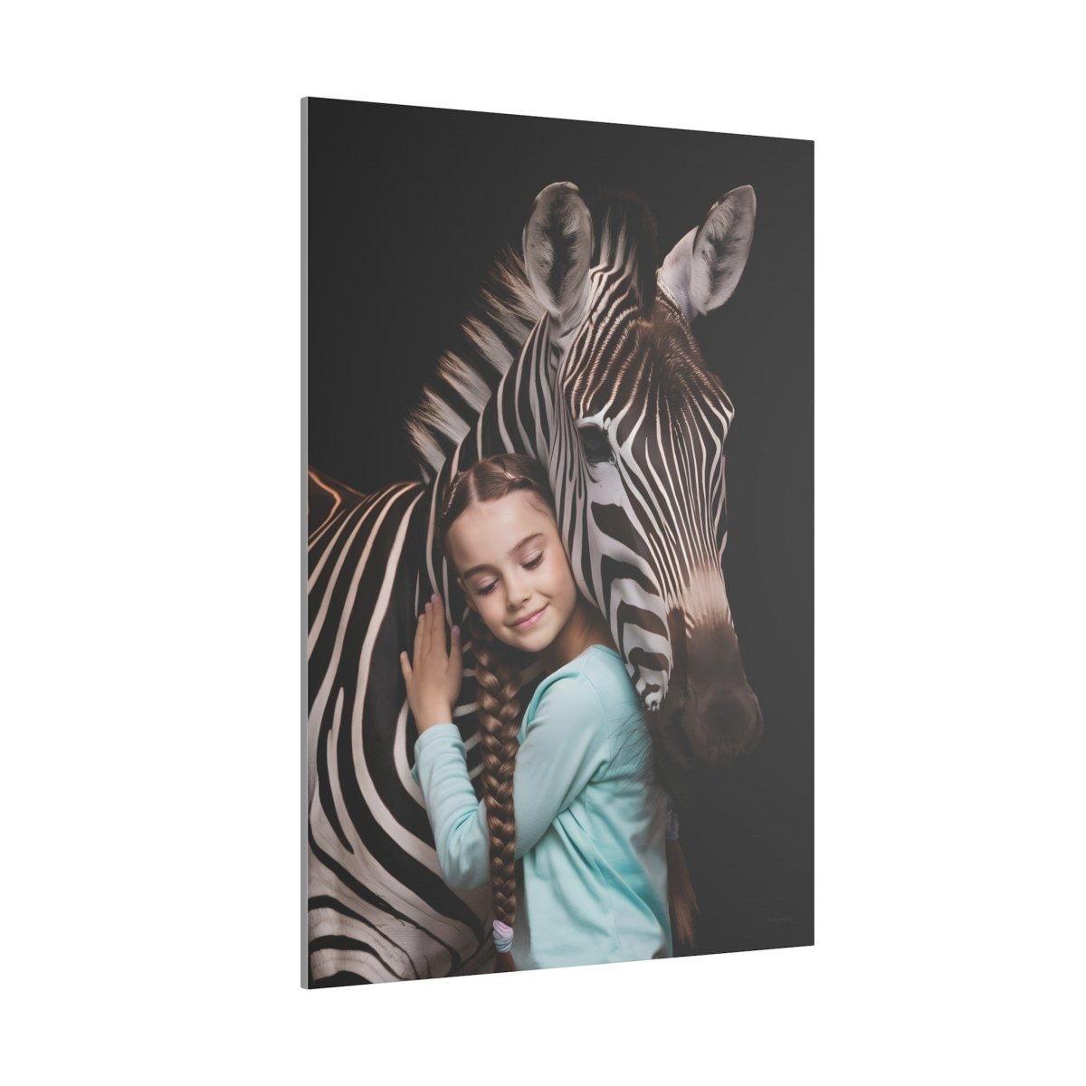 Leinwandbild Mädchen & Zebra - Hugging Little Girl Animals - Canvas bei HappyHugPixels