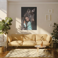 Leinwandbild Mädchen & Zebra - Hugging Little Girl Animals - Canvas bei HappyHugPixels