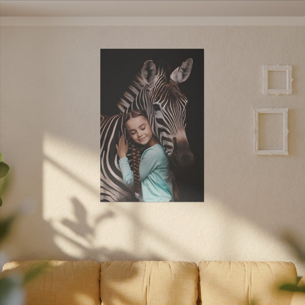 Leinwandbild Mädchen & Zebra - Hugging Little Girl Animals - Canvas bei HappyHugPixels