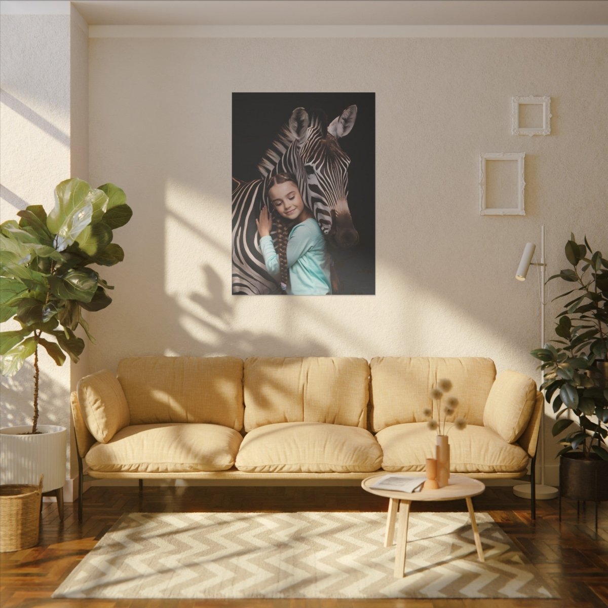 Leinwandbild Mädchen & Zebra - Hugging Little Girl Animals - Canvas bei HappyHugPixels