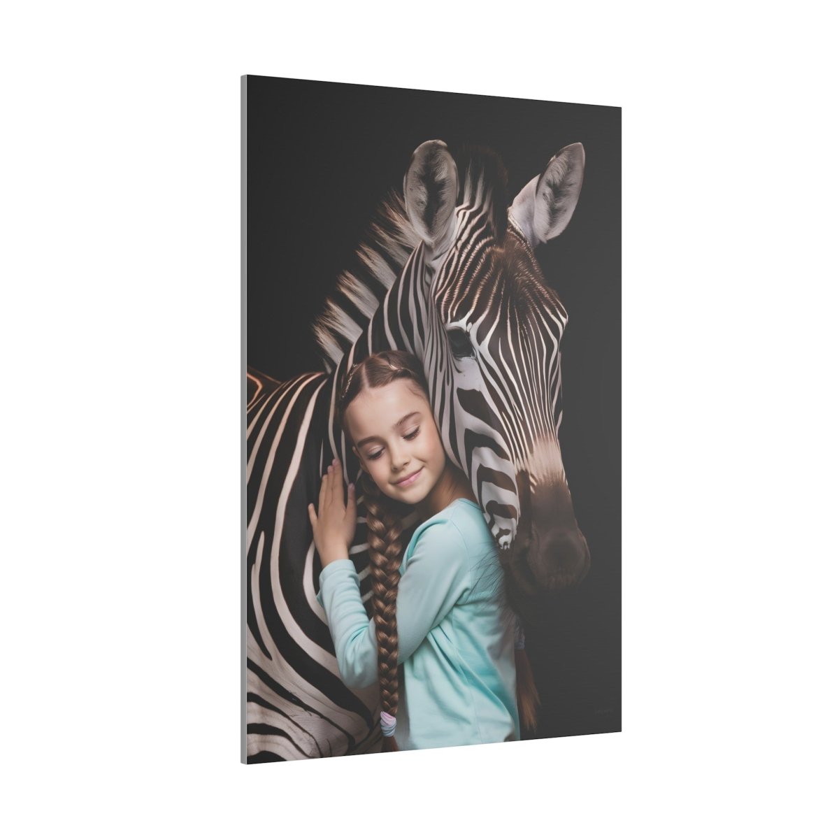 Leinwandbild Mädchen & Zebra - Hugging Little Girl Animals - Canvas bei HappyHugPixels