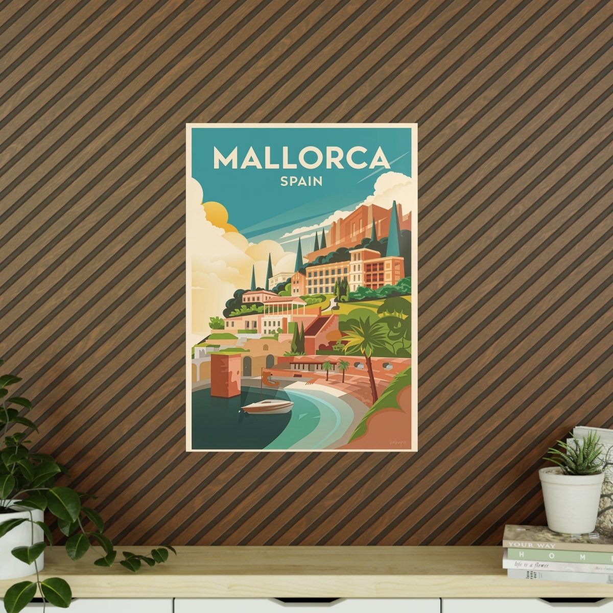 Mallorca Spanien Travelposter - Bunte Stadtlandschaft Kirche Palmen - Poster bei HappyHugPixels