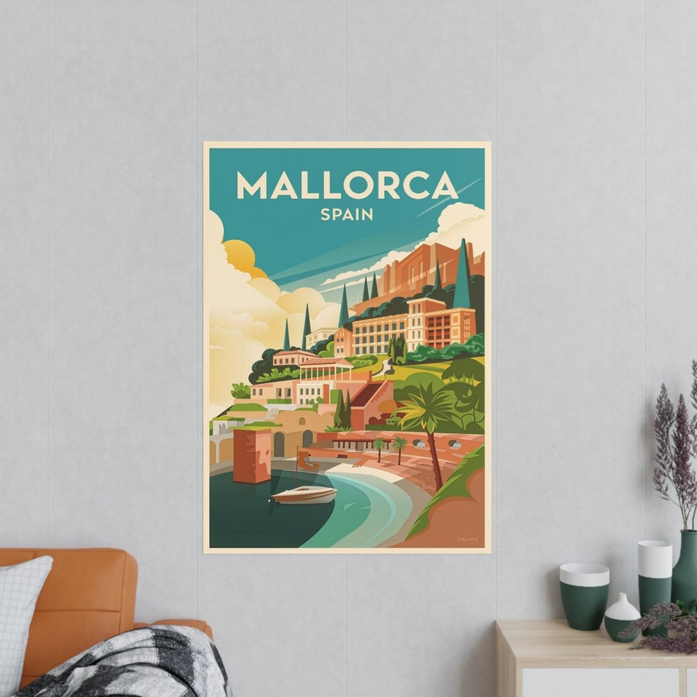 Mallorca Spanien Travelposter - Bunte Stadtlandschaft Kirche Palmen - Poster bei HappyHugPixels