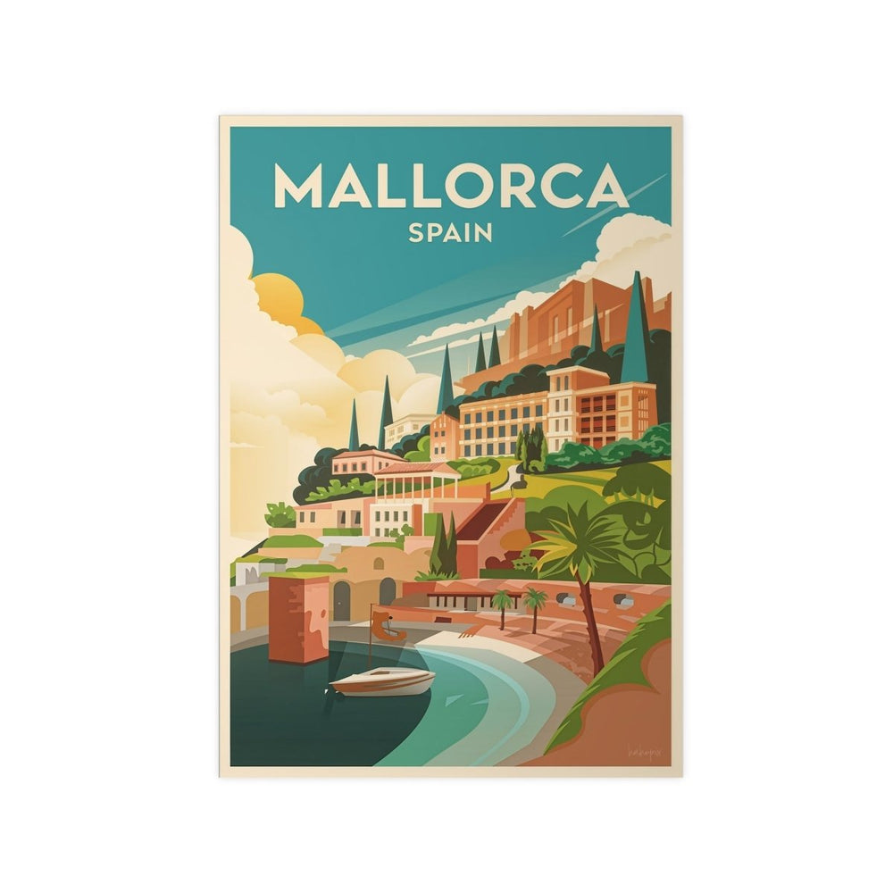 Mallorca Spanien Travelposter - Bunte Stadtlandschaft Kirche Palmen - Poster bei HappyHugPixels